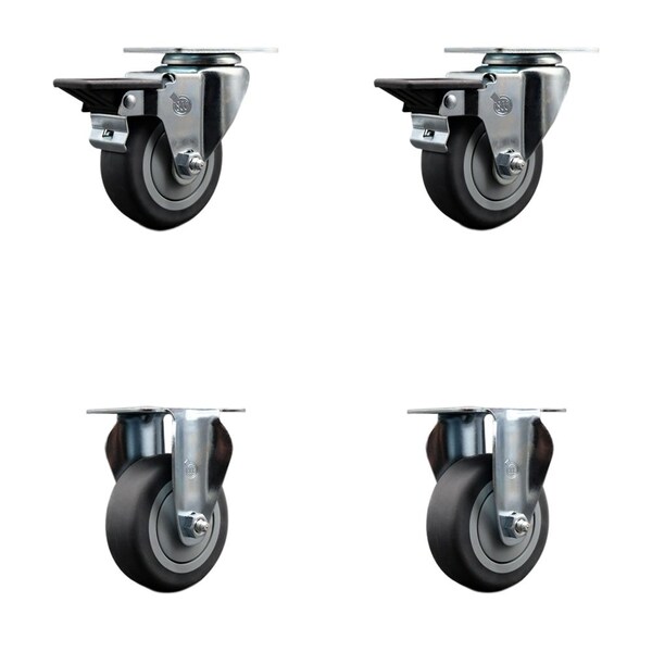 3.5'' Thermo Rubber Wheel Swivel Top Plate Caster Set with 2 Posi Brakes 2 Rigid, 4PK